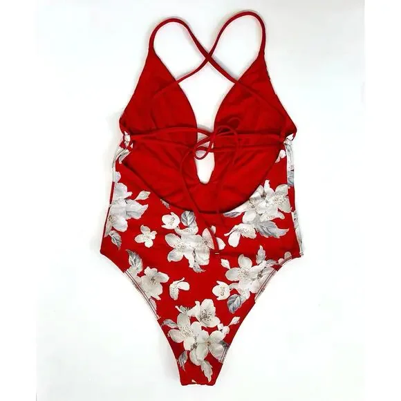 Frankies Bikinis Janelle One-Piece Swimsuit Red Floral Azalea Cheeky Cut Size M - Picture 3 of 9